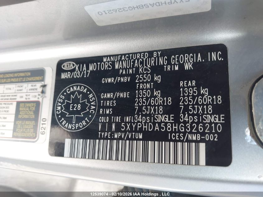 2017 Kia Sorento 3.3L Ex/3.3L Ex+ VIN: 5XYPHDA58HG326210 Lot: 12539074