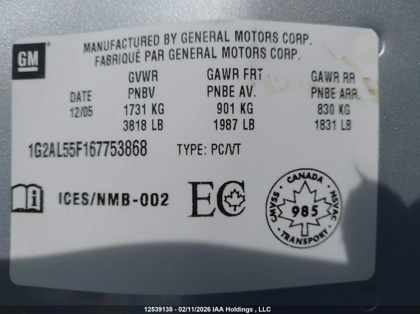 2006 Pontiac Pursuit Se VIN: 1G2AL55F167753868 Lot: 12539138