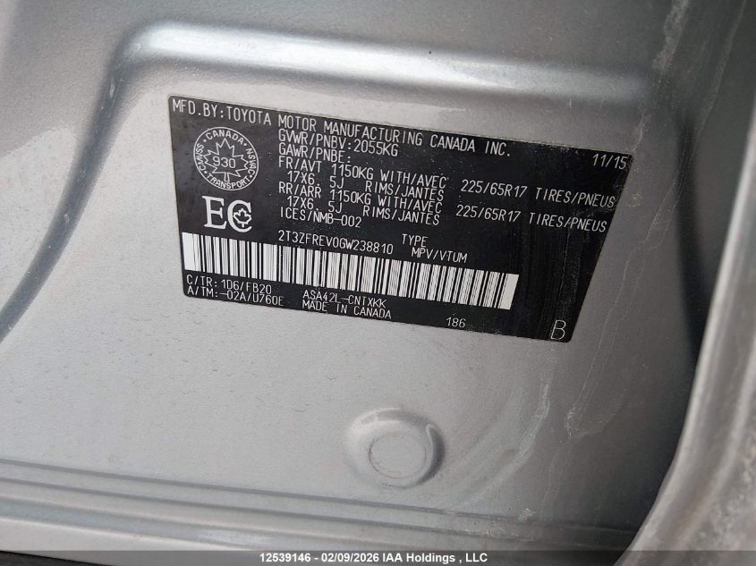 2016 Toyota Rav4 VIN: 2T3ZFREV0GW238810 Lot: 12539146