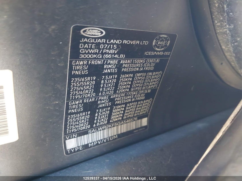 2016 Land Rover Range Rover Sport Diesel Td6 Hse VIN: SALWR2KF5GA546576 Lot: 12539337