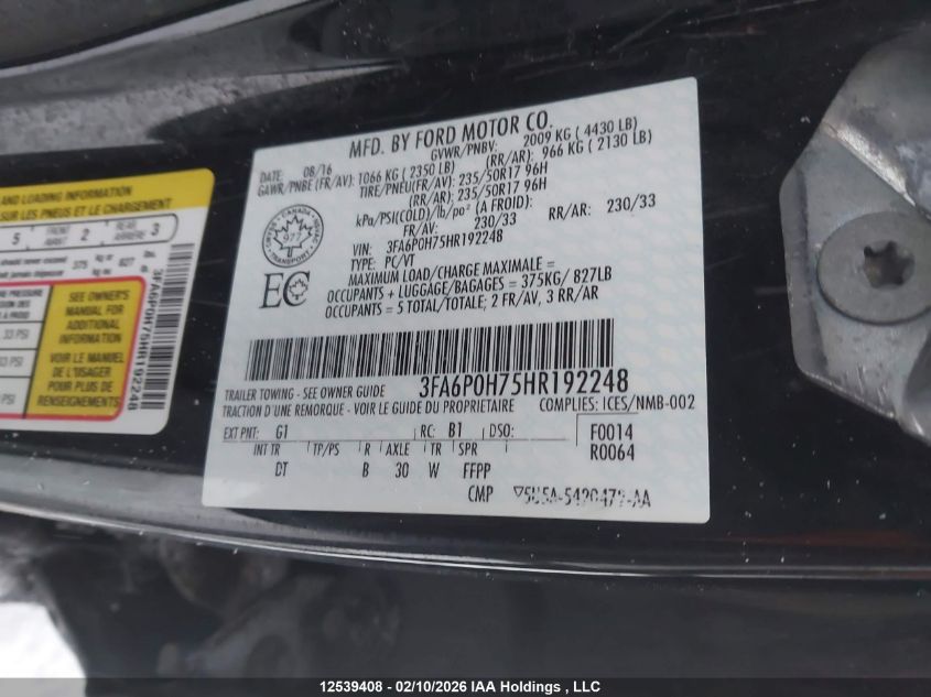 2017 Ford Fusion Se VIN: 3FA6P0H75HR192248 Lot: 12539408