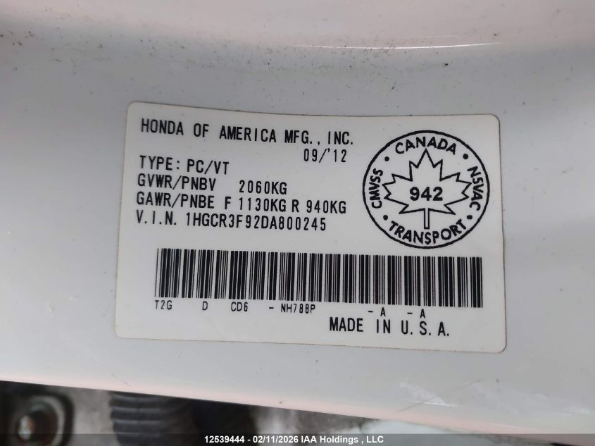 2013 Honda Accord Touring V6 VIN: 1HGCR3F92DA800245 Lot: 12539444