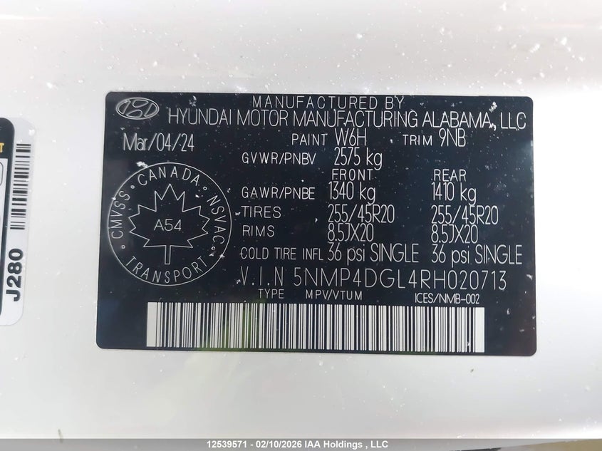 2024 Hyundai Santa Fe Limited VIN: 5NMP4DGL4RH020713 Lot: 12539571