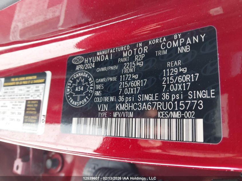 2024 Hyundai Kona Electric Preferred VIN: KM8HC3A67RU015773 Lot: 12539607