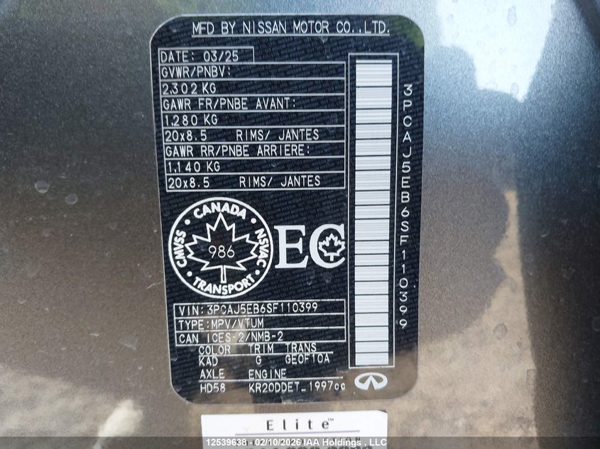 2025 Infiniti Qx50 Sensory VIN: 3PCAJ5EB6SF110399 Lot: 12539638