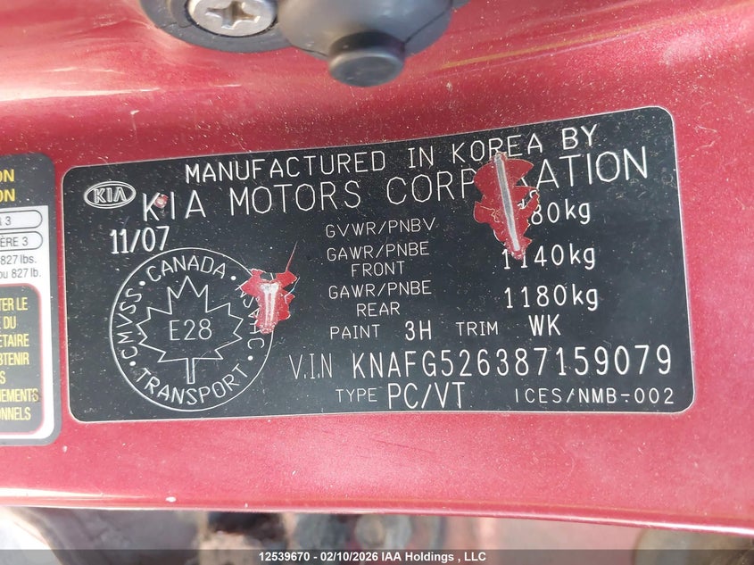 2008 Kia Rondo Lx/Ex VIN: KNAFG526387159079 Lot: 12539670