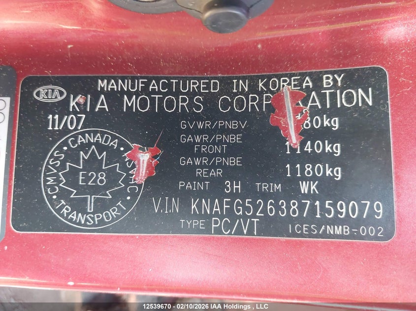 2008 Kia Rondo Lx/Ex VIN: KNAFG526387159079 Lot: 12539670