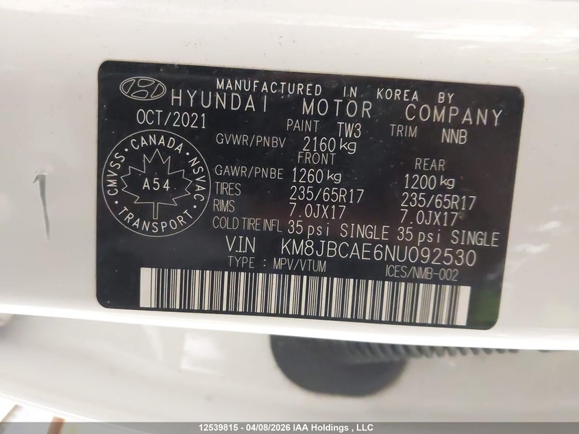 2022 Hyundai Tucson Sel VIN: KM8JBCAE6NU092530 Lot: 12539815