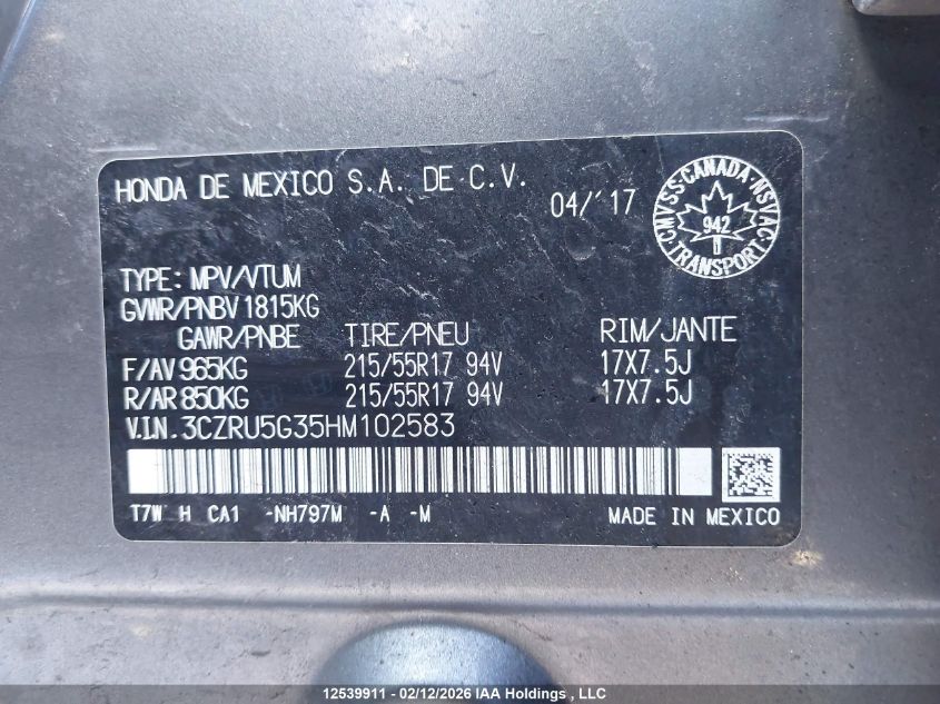 2017 Honda Hr-V Lx VIN: 3CZRU5G35HM102583 Lot: 12539911