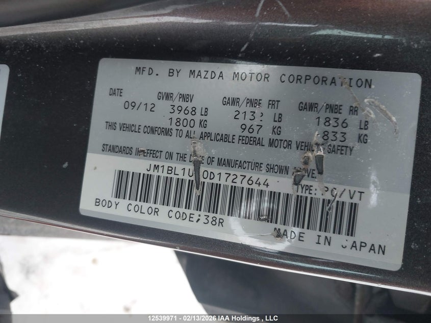 2013 Mazda Mazda3 Gx VIN: JM1BL1UF0D1727644 Lot: 12539971