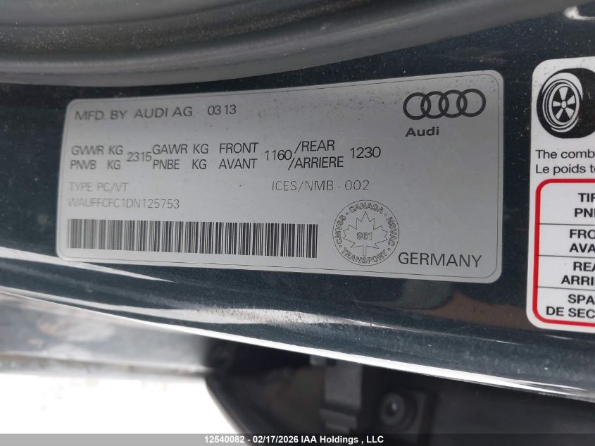 2013 Audi A6 2.0T VIN: WAUFFCFC1DN125753 Lot: 12540082