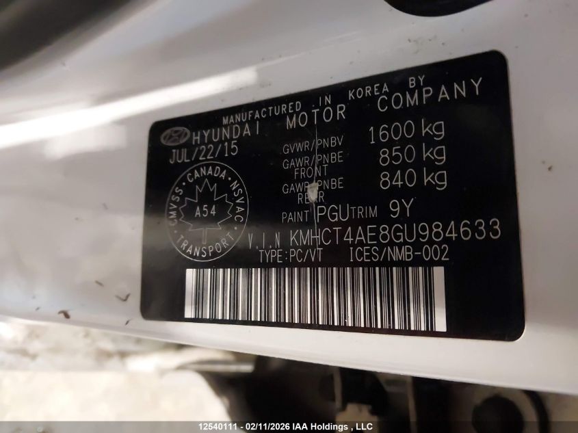 2016 Hyundai Accent Se VIN: KMHCT4AE8GU984633 Lot: 12540111