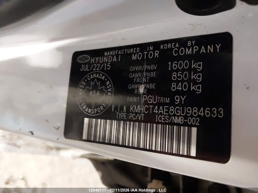 2016 Hyundai Accent Se VIN: KMHCT4AE8GU984633 Lot: 12540111