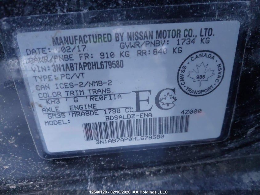 2017 Nissan Sentra VIN: 3N1AB7AP0HL679580 Lot: 12540120