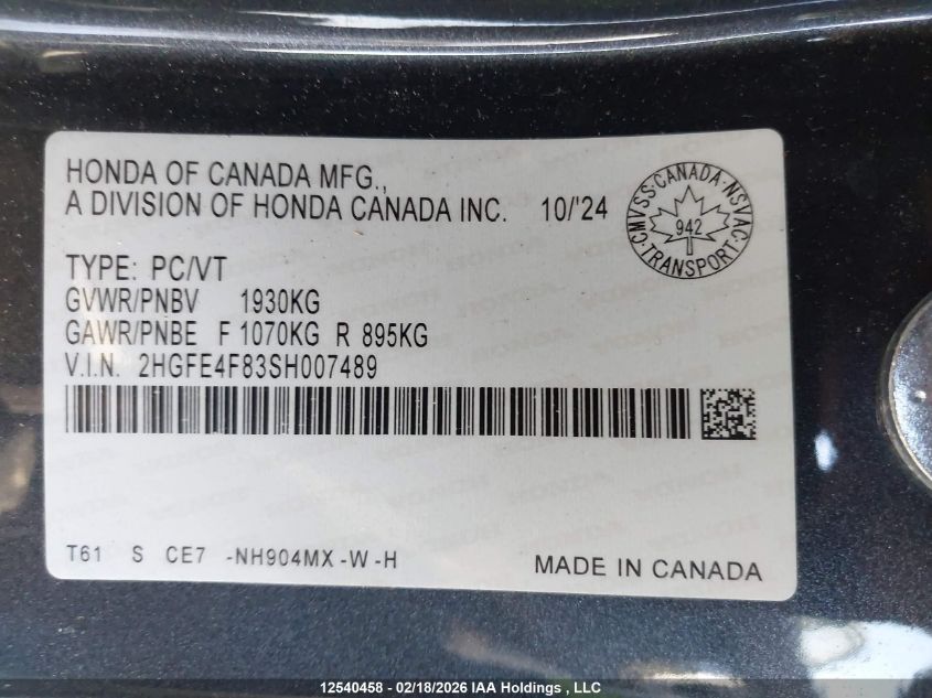 2025 Honda Civic Sport/Sport Touring VIN: 2HGFE4F83SH007489 Lot: 12540458