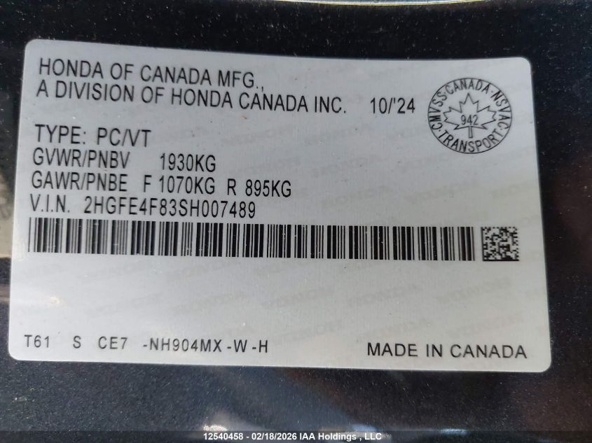 2025 Honda Civic Sport/Sport Touring VIN: 2HGFE4F83SH007489 Lot: 12540458