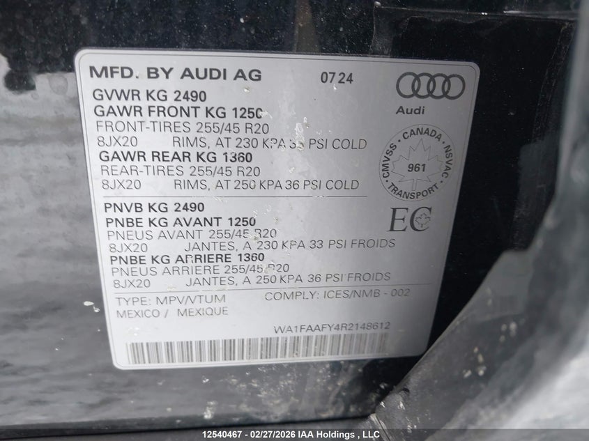 2024 Audi Q5 45 Technik VIN: WA1FAAFY4R2148612 Lot: 12540467