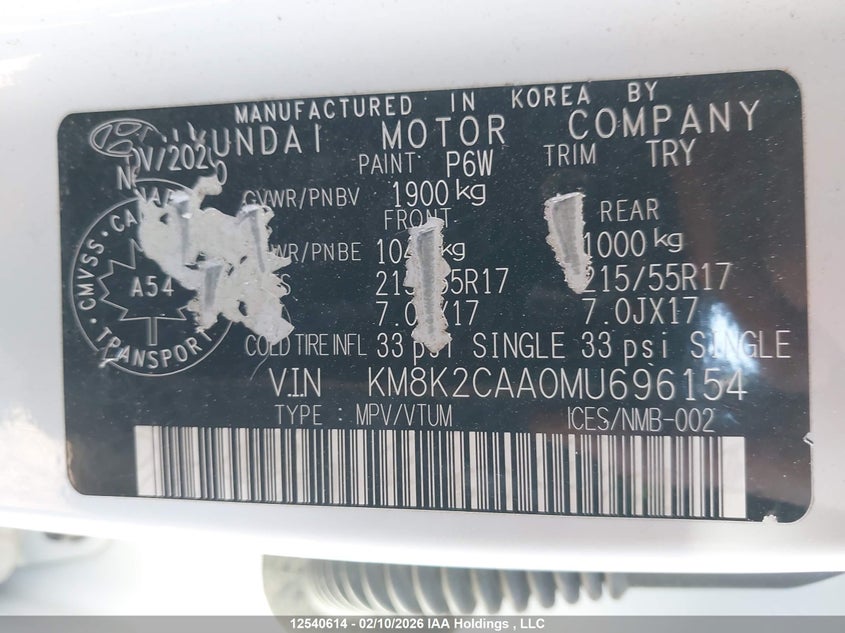 2021 Hyundai Kona Preferred Awd VIN: KM8K2CAA0MU696154 Lot: 12540614