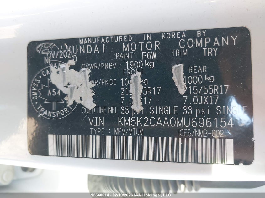 2021 Hyundai Kona Preferred Awd VIN: KM8K2CAA0MU696154 Lot: 12540614