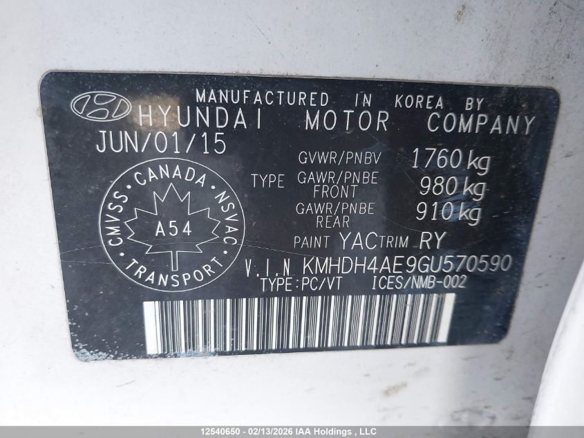 2016 Hyundai Elantra Se/Sport/Limited VIN: KMHDH4AE9GU570590 Lot: 12540650