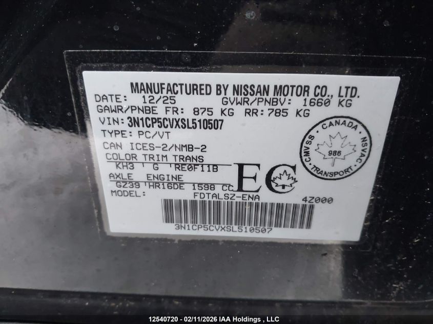 2025 Nissan Kicks Play Sv VIN: 3N1CP5CVXSL510507 Lot: 12540720