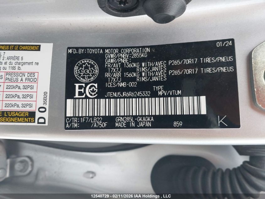 2024 Toyota 4Runner Sr5/Sr5 Premium/Limited/Trd Sport/Trd Off Road/Trd Off Road Premium/Trd Pro VIN: JTENU5JR6R6245332 Lot: 12540729