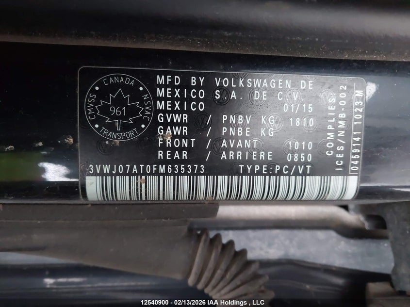 2015 Volkswagen The Beetle 1.8 Tsi Comfortline/1.8 Tsi Trendline VIN: 3VWJ07AT0FM635373 Lot: 12540900