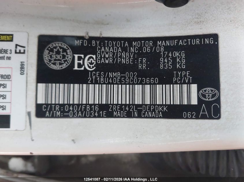 2009 Toyota Corolla Ce VIN: 2T1BU40E59C073660 Lot: 12541087