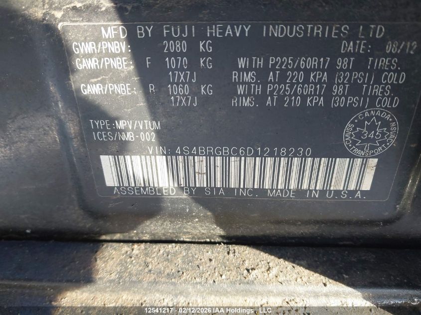 2013 Subaru Outback 2.5I Premium VIN: 4S4BRGBC6D1218230 Lot: 12541217