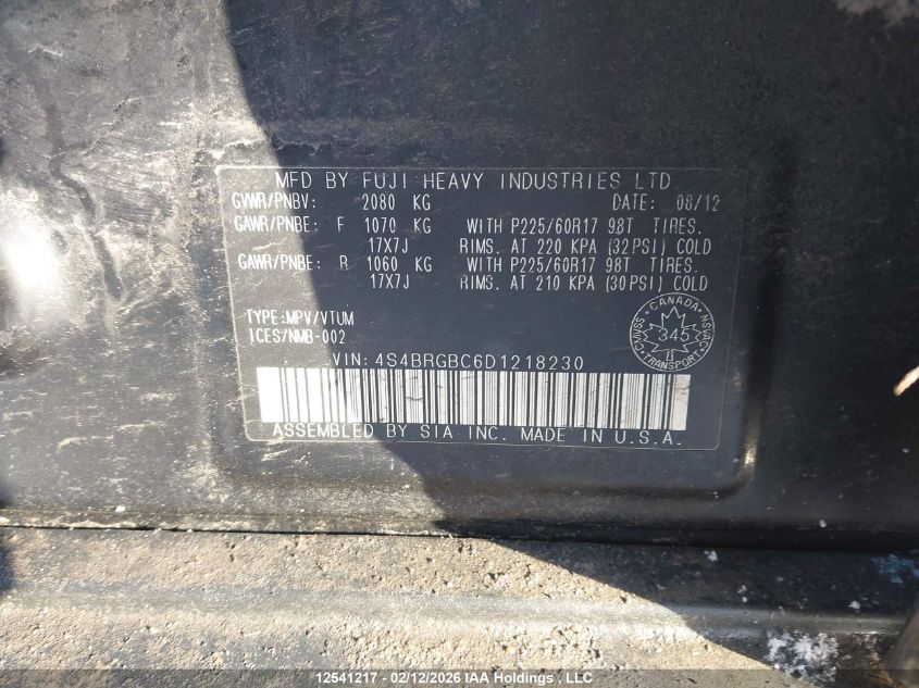 2013 Subaru Outback 2.5I Premium VIN: 4S4BRGBC6D1218230 Lot: 12541217