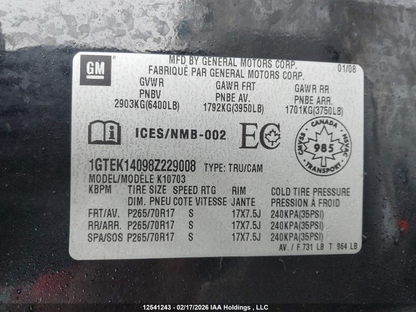2008 GMC Sierra 1500 Sle/Wt VIN: 1GTEK14098Z229008 Lot: 12541243