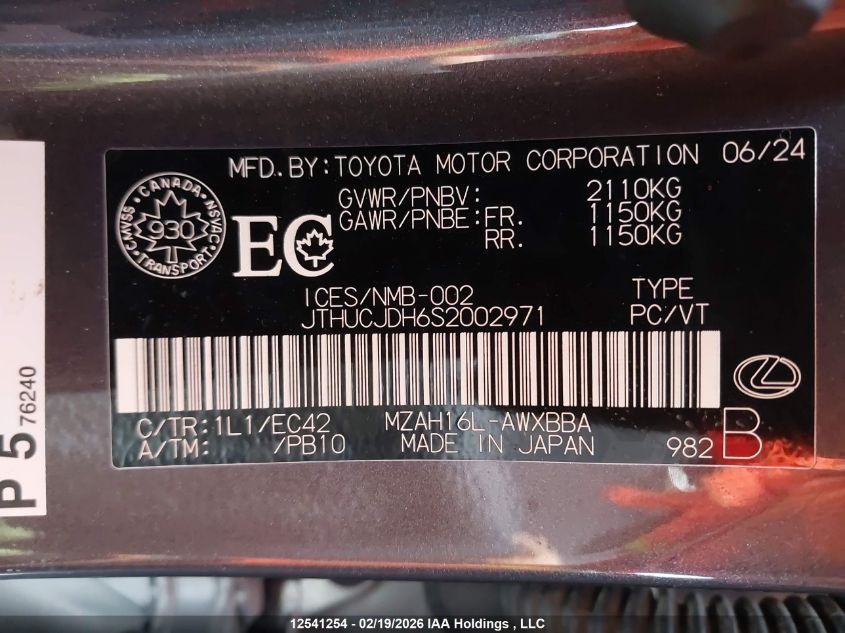 2025 Lexus Ux 300H VIN: JTHUCJDH6S2002971 Lot: 12541254