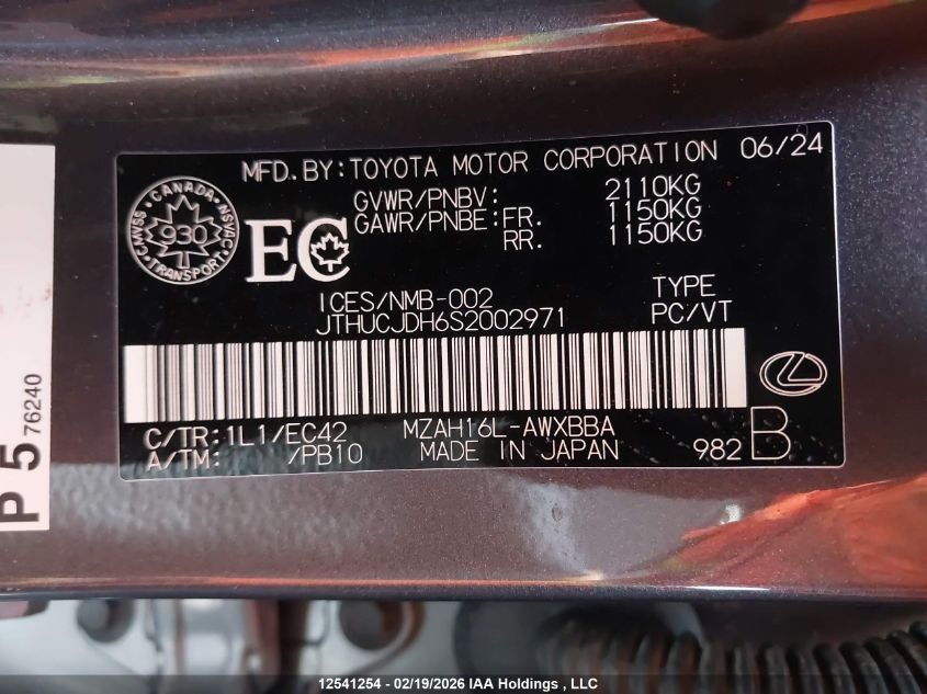 2025 Lexus Ux 300H VIN: JTHUCJDH6S2002971 Lot: 12541254