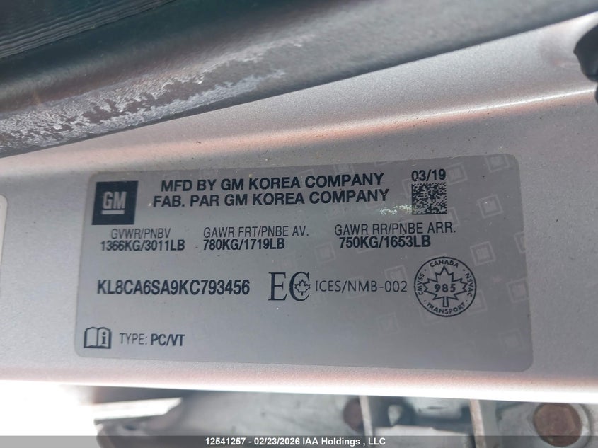 2019 Chevrolet Spark Ls VIN: KL8CA6SA9KC793456 Lot: 12541257