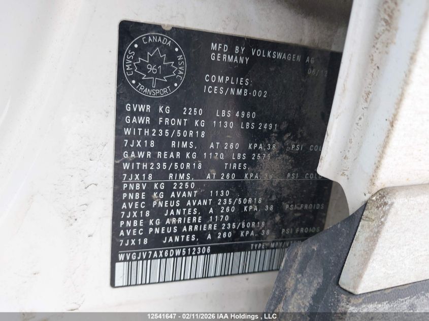 2013 Volkswagen Tiguan S/Se/Sel VIN: WVGJV7AX6DW512306 Lot: 12541647
