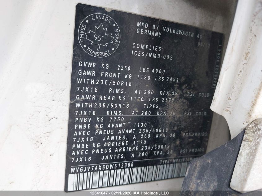 2013 Volkswagen Tiguan S/Se/Sel VIN: WVGJV7AX6DW512306 Lot: 12541647