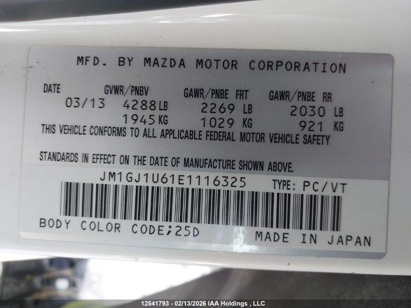 2014 Mazda Mazda6 Gx VIN: JM1GJ1U61E1116325 Lot: 12541793