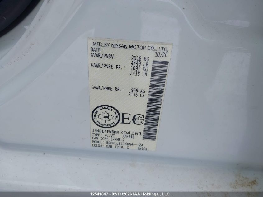 2021 Nissan Altima 2.5 Platinum VIN: 1N4BL4FW6MN304161 Lot: 12541847