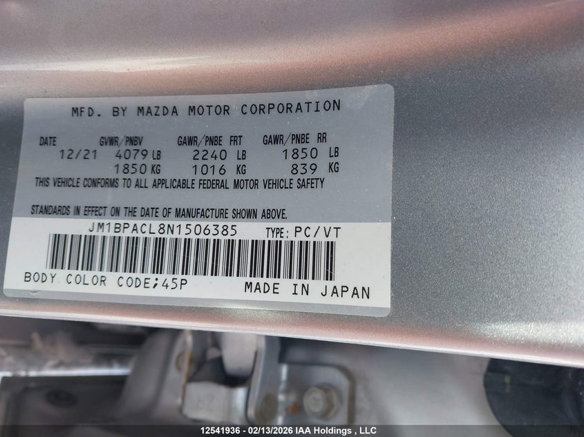 2022 Mazda Mazda3 Gs VIN: JM1BPACL8N1506385 Lot: 12541936