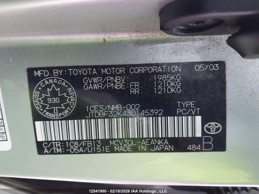 2003 Toyota Camry Le/Xle VIN: JTDBF32K430145392 Lot: 12541980