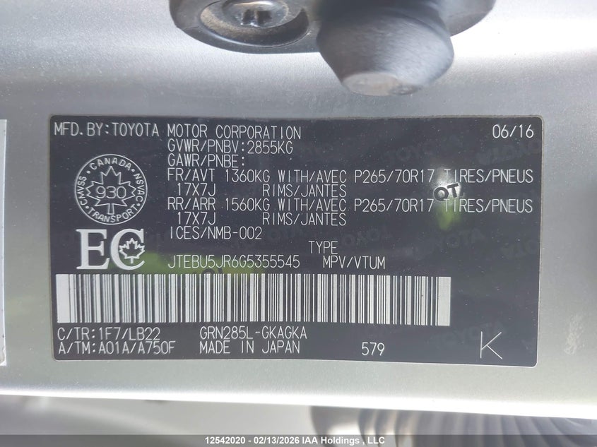 2016 Toyota 4Runner Sr5 VIN: JTEBU5JR6G5355545 Lot: 12542020