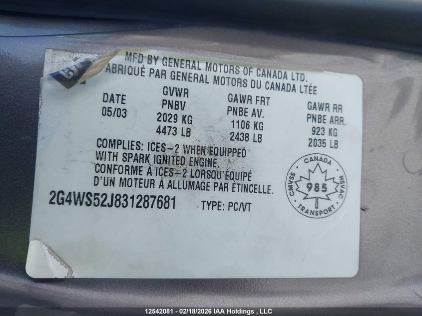 2003 Buick Century Custom VIN: 2G4WS52J831287681 Lot: 12542081