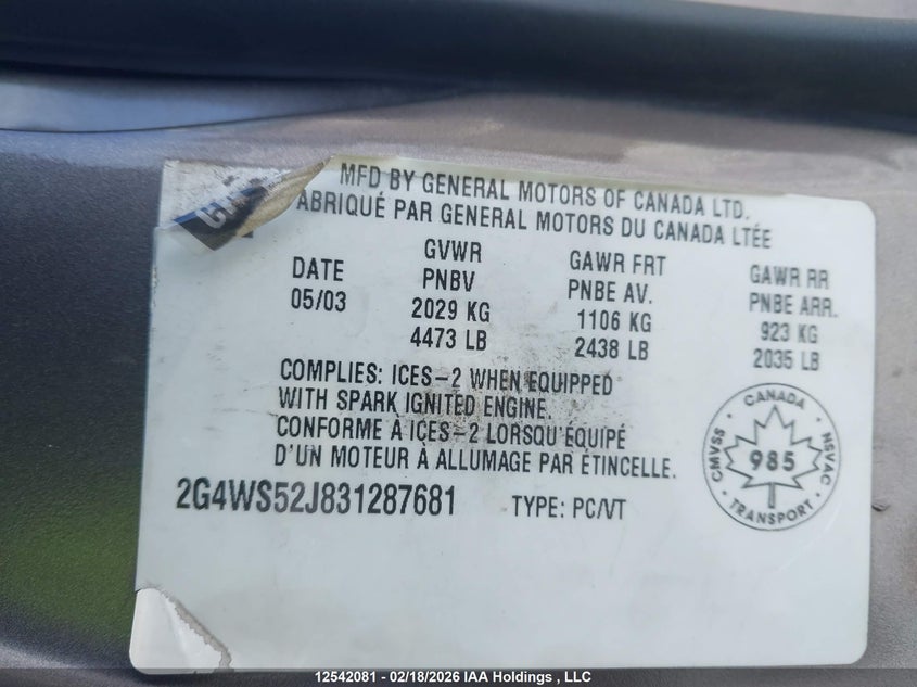 2003 Buick Century Custom VIN: 2G4WS52J831287681 Lot: 12542081