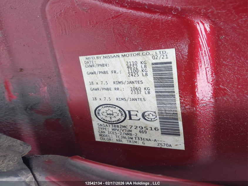 2021 Nissan Rogue Sv VIN: 5N1AT3BB2MC729516 Lot: 12542134