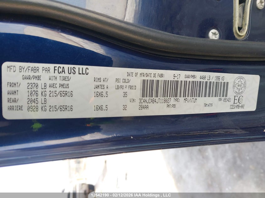 2018 Jeep Compass Sport VIN: 3C4NJCAB4JT118027 Lot: 12542190