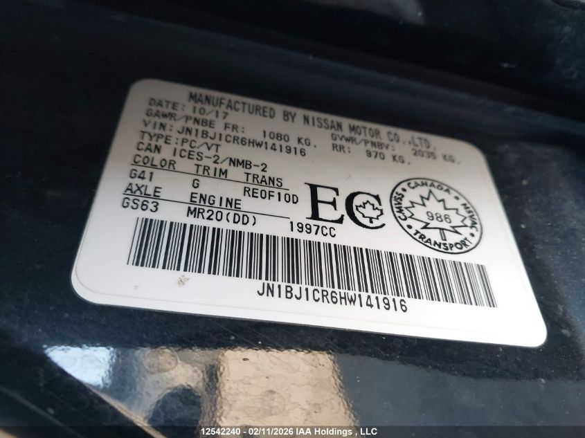 2017 Nissan Qashqai S/Sl/Sv VIN: JN1BJ1CR6HW141916 Lot: 12542240