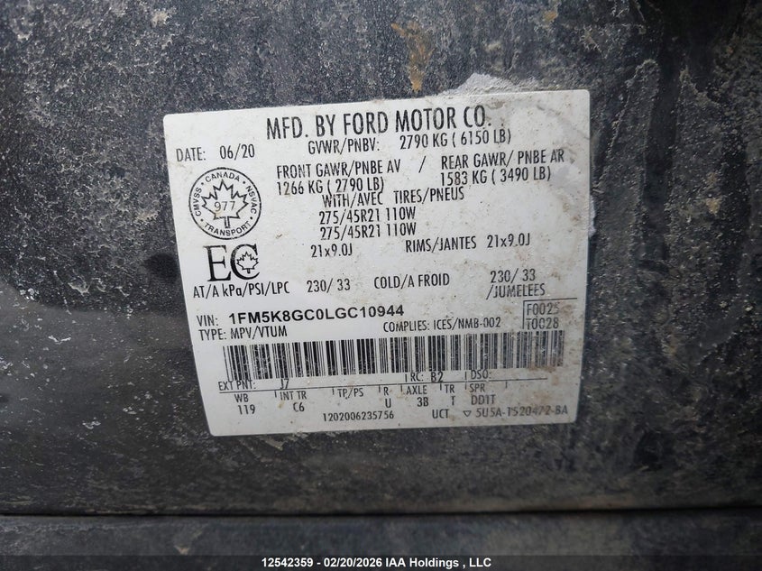 2020 Ford Explorer St VIN: 1FM5K8GC0LGC10944 Lot: 12542359