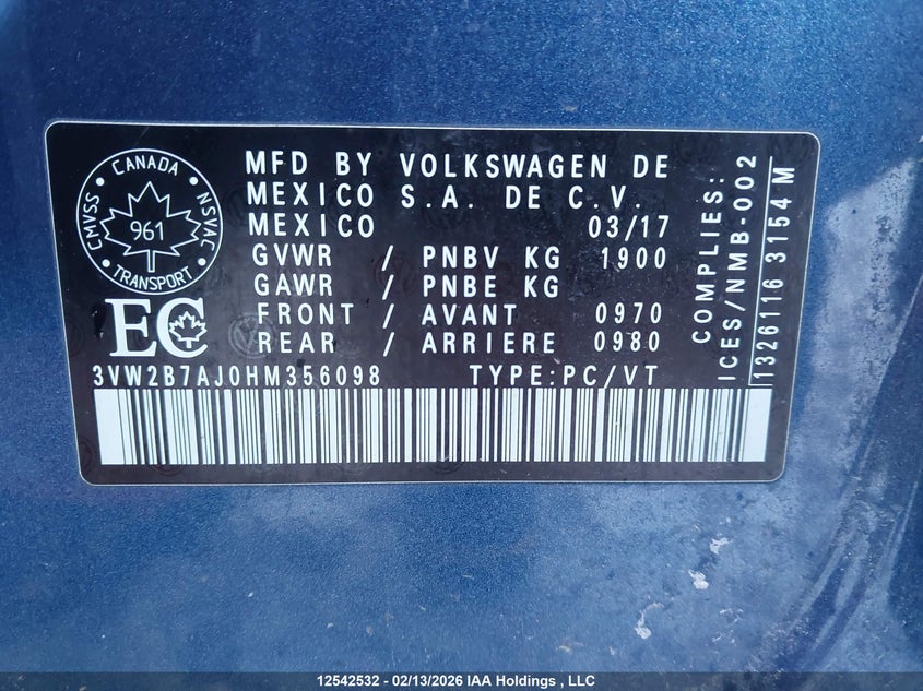 2017 Volkswagen Jetta S VIN: 3VW2B7AJ0HM356098 Lot: 12542532