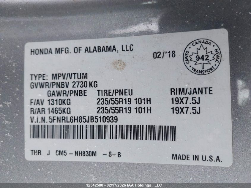 2018 Honda Odyssey Touring VIN: 5FNRL6H85JB510939 Lot: 12542580