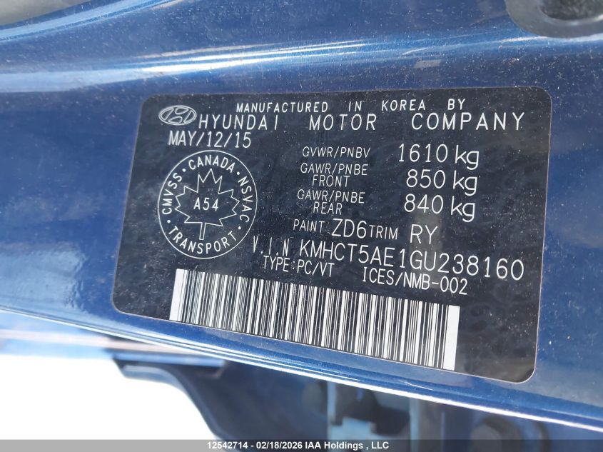 2016 Hyundai Accent Gl VIN: KMHCT5AE1GU238160 Lot: 12542714